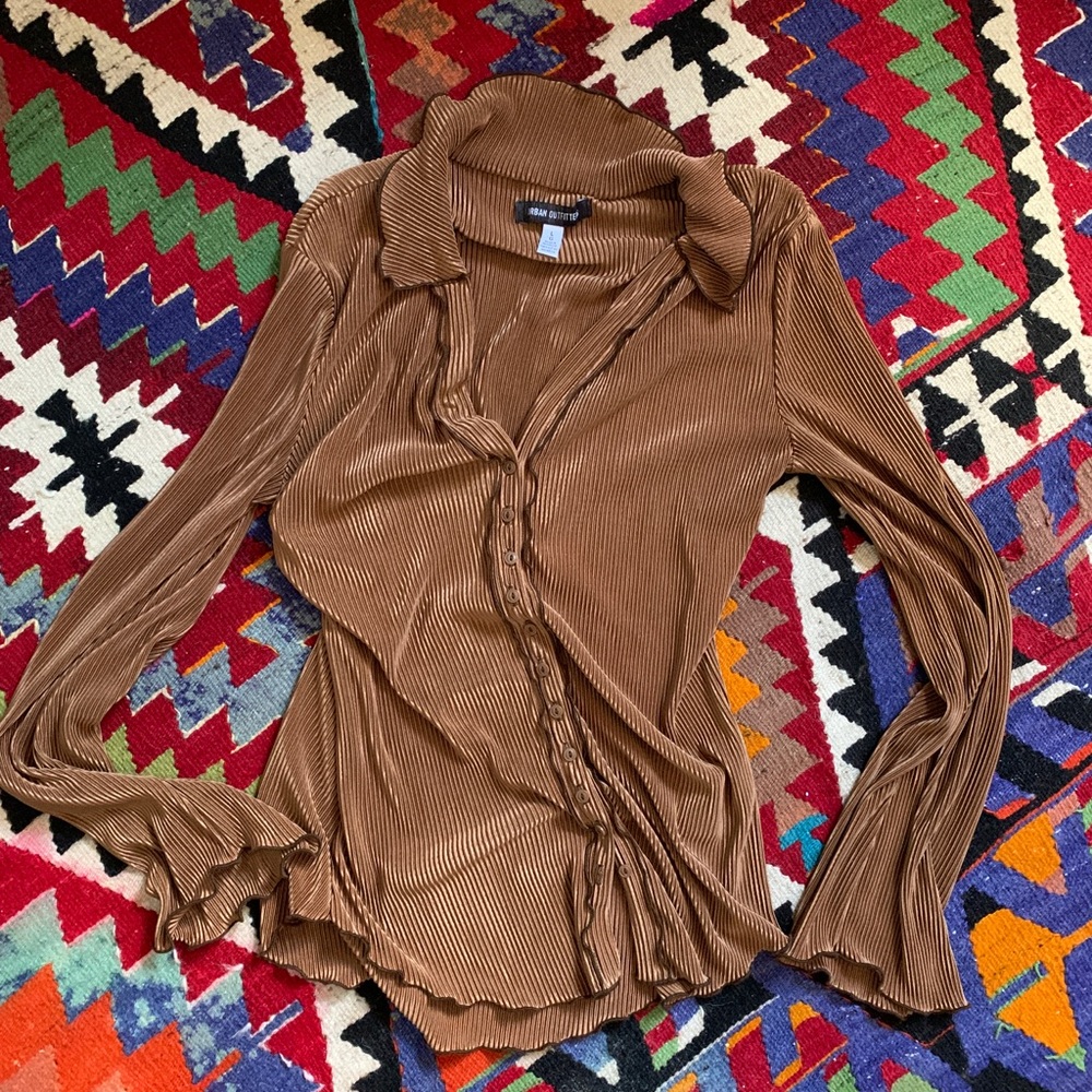 URBAN OUTFITTERS pleated bronze button up blouse flutter sleeve - metallic gold